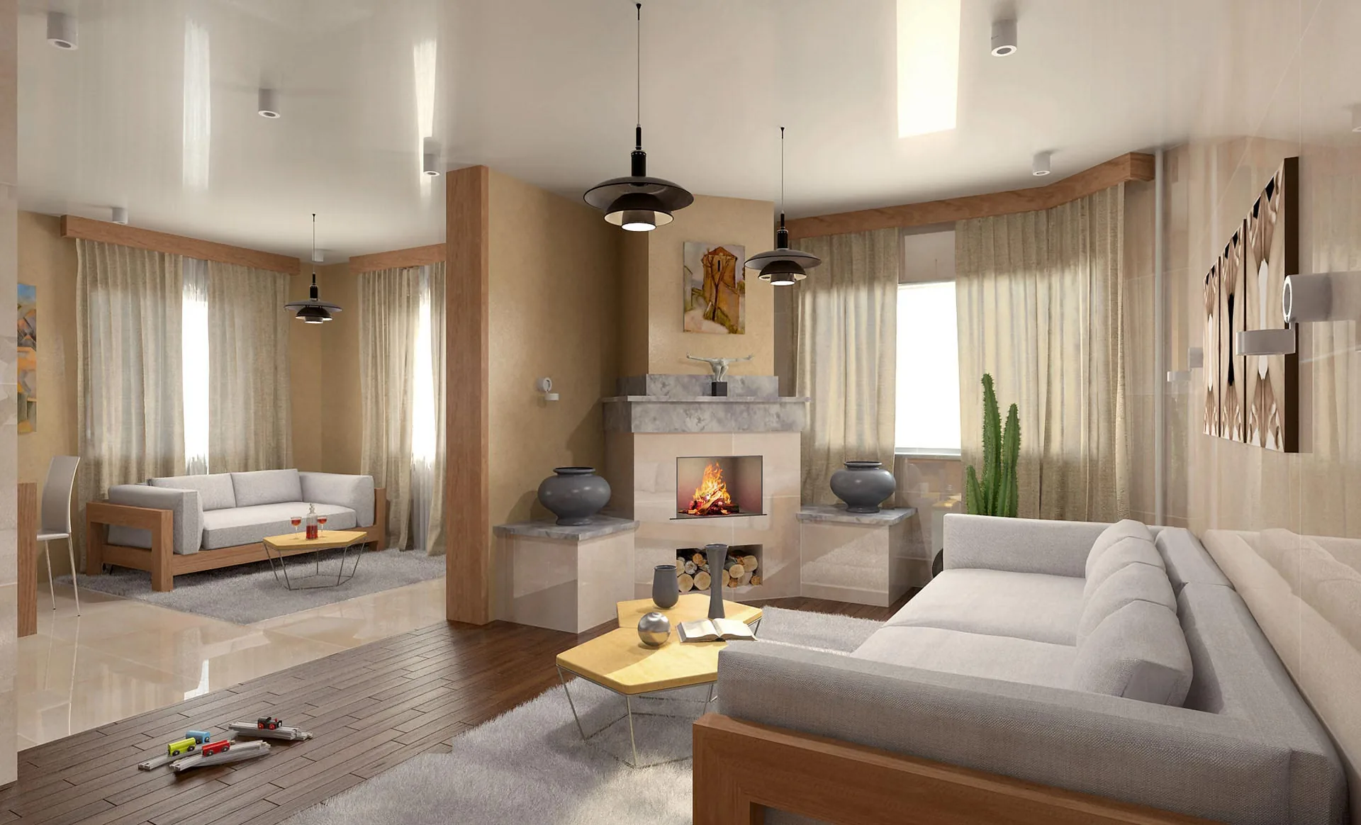 Интерьер загородного дома 90 м² в п. Курумоч с камином и кухней-гостиной
